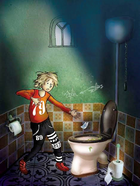 Een illustratie van een  vieze wc en een jongen die het zakje bovenop zijn maaginhoud laat vallen.